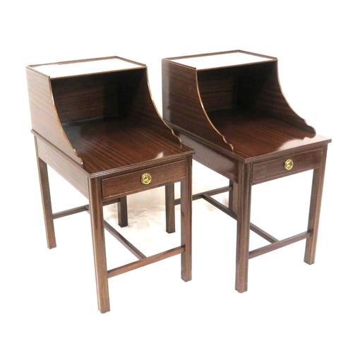 281 - Pair of Edwardian design bedside mahogany bedside tables with open tops, frieze drawers with brass d... 