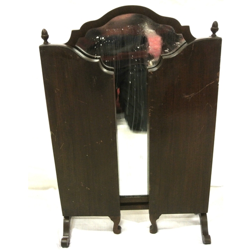 288 - Edwardian mahogany triple mirror folding mirror with domed tops, shaped finials, on bracket feet