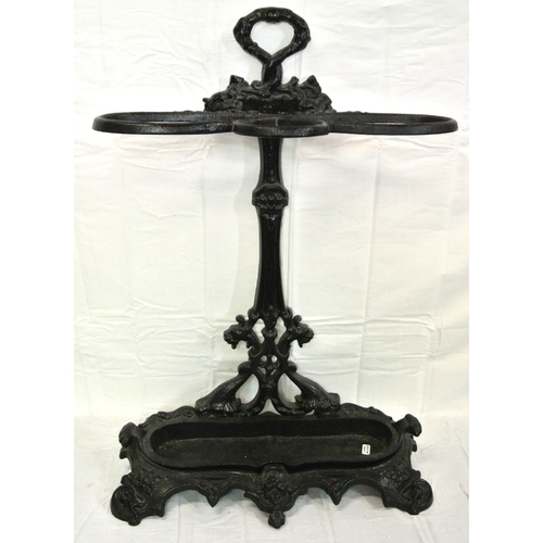 387 - Victorian design cast iron umbrella & stick stand with foliate decoration, & drip tray