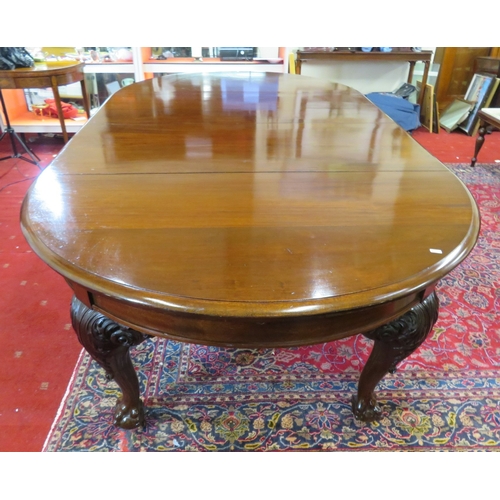 400 - Victorian mahogany D-end dining table with 2 extra leaves inset, ornate scroll & foliate carved cabr... 