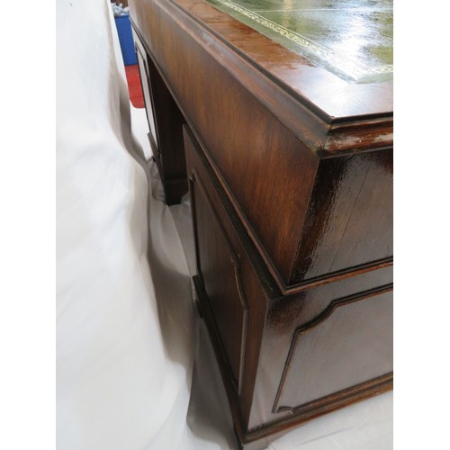 405 - Edwardian mahogany pedestal desk with 3 frieze drawers, 6 side drawers, leatherette inset, drop hand... 