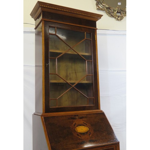 425 - Edwardian walnut & mahogany slim bureau bookcase with dentil frieze, astragal glazed door, shelved i... 