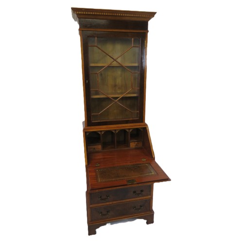 425 - Edwardian walnut & mahogany slim bureau bookcase with dentil frieze, astragal glazed door, shelved i... 