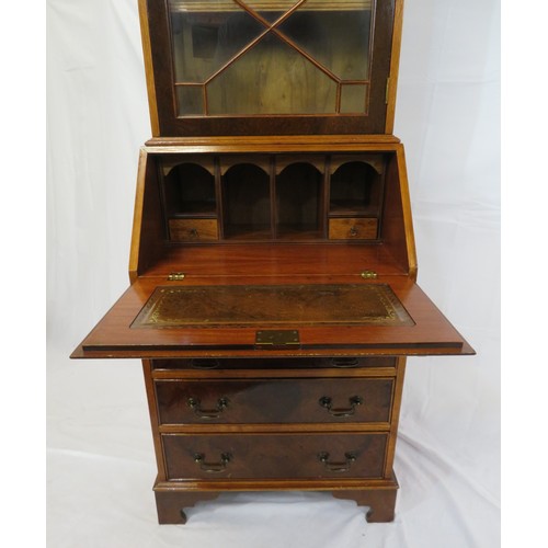 425 - Edwardian walnut & mahogany slim bureau bookcase with dentil frieze, astragal glazed door, shelved i... 