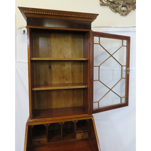 425 - Edwardian walnut & mahogany slim bureau bookcase with dentil frieze, astragal glazed door, shelved i... 