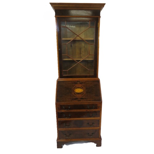 425 - Edwardian walnut & mahogany slim bureau bookcase with dentil frieze, astragal glazed door, shelved i... 