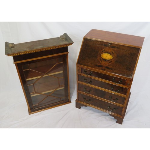 425 - Edwardian walnut & mahogany slim bureau bookcase with dentil frieze, astragal glazed door, shelved i... 