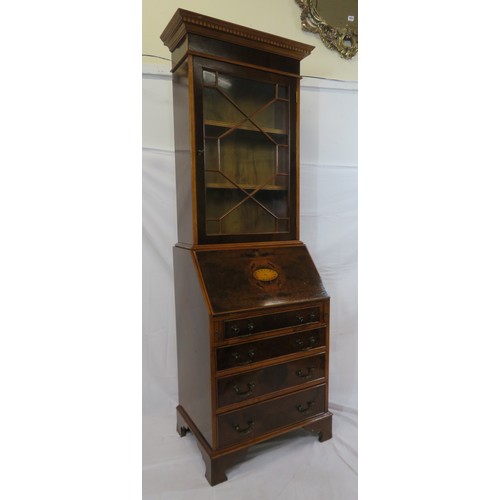 425 - Edwardian walnut & mahogany slim bureau bookcase with dentil frieze, astragal glazed door, shelved i... 