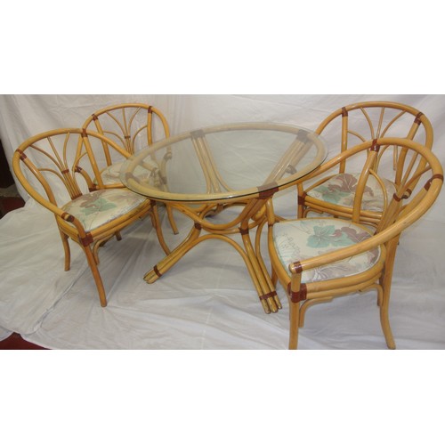 451 - 5 piece bamboo conservatory or patio suite with round glass topped table & 4 open armchairs