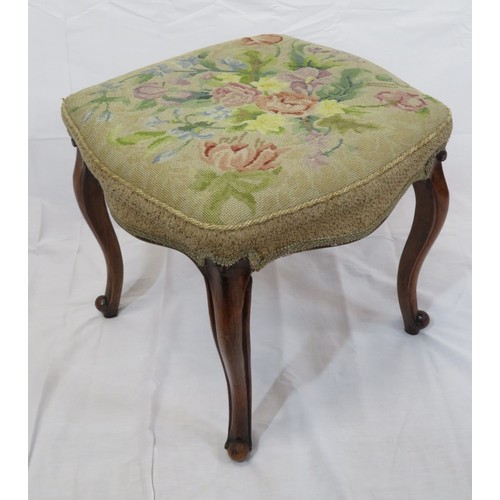 460 - Victorian mahogany stool with foliate needlework, on cabriole legs