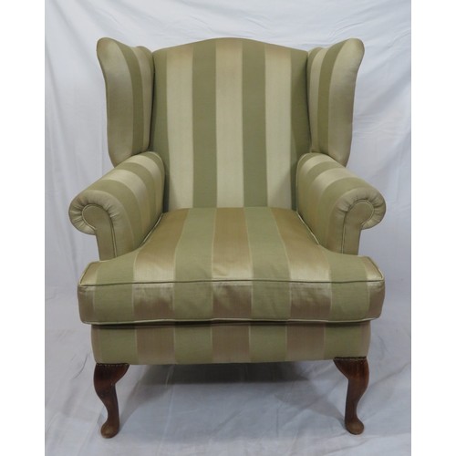 477 - Edwardian style wingback armchair with striped upholstery, on cabriole legs with pad feet