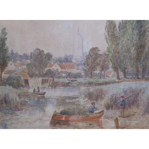 194 - Dutch school 'Riverside scene with figures and boats' watercolour 82x135cm