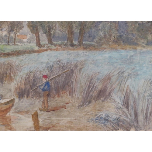 194 - Dutch school 'Riverside scene with figures and boats' watercolour 82x135cm