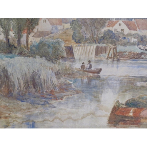 194 - Dutch school 'Riverside scene with figures and boats' watercolour 82x135cm