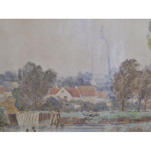 194 - Dutch school 'Riverside scene with figures and boats' watercolour 82x135cm