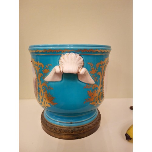 328 - 19th C. French Sevres Turquoise Blue hand decorated Jardiniere with ormolu base. 17cm diameter x 17.... 