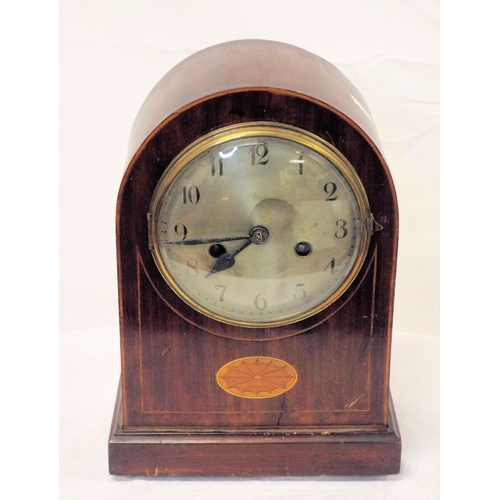 390 - Sheraton style inlaid mahogany domed mantel clock with brass framed dial, shell inlay, on bun feet