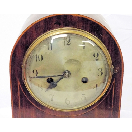 390 - Sheraton style inlaid mahogany domed mantel clock with brass framed dial, shell inlay, on bun feet