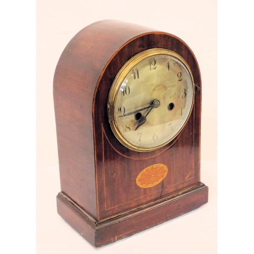 390 - Sheraton style inlaid mahogany domed mantel clock with brass framed dial, shell inlay, on bun feet