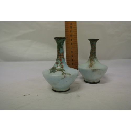 365 - Pair of French cloisonne shaped long neck bud vases with  light blue glaze and foliate decoration