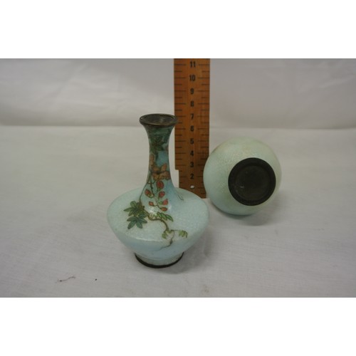 365 - Pair of French cloisonne shaped long neck bud vases with  light blue glaze and foliate decoration