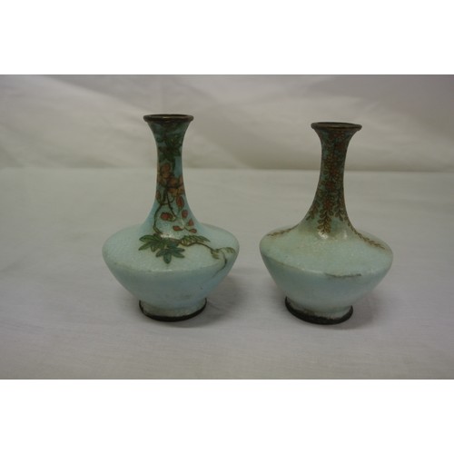 365 - Pair of French cloisonne shaped long neck bud vases with  light blue glaze and foliate decoration