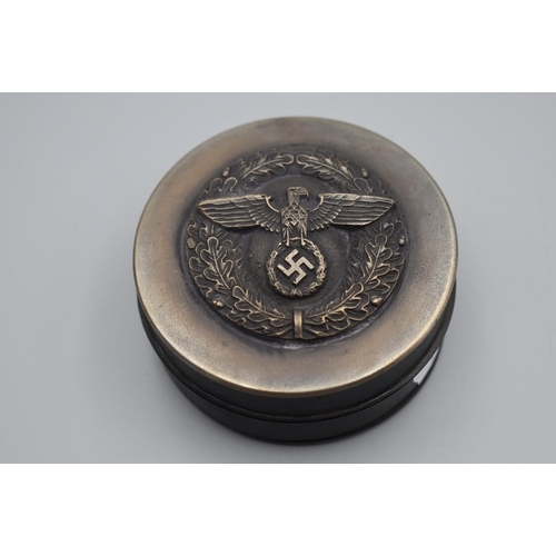 431 - WWII German Nazi Screw top Snuff Box with Swastika on the front and Faint Inscription on the Reverse