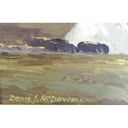 43 - Denis J McDowell 'Corraun and Cottages near Achill Island' oil on canvas, 24x34cm signed