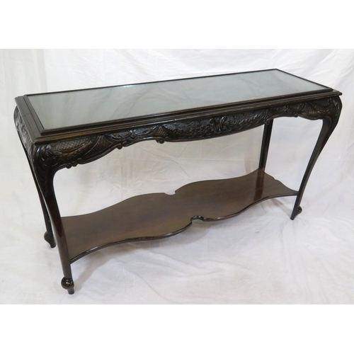 195 - Victorian style oblong occasional or side table with glass inset, ornate foliate carved apron, shape... 