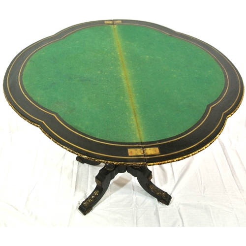 215 - Louis XV style inlaid ebonised card table of serpentine demi-lune form, with brass inlay, ormolu bor... 