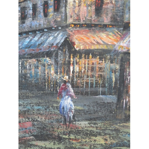 13 - French school 'Figures in a street' oil on board, 50x60cm