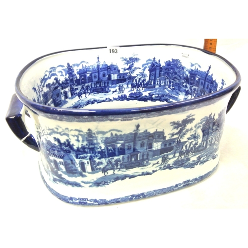 193 - Oval ironstone blue and white footbath with figured scenic decoration & shaped handles