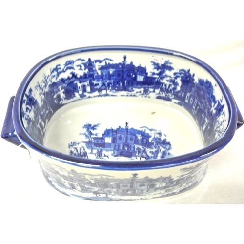 193 - Oval ironstone blue and white footbath with figured scenic decoration & shaped handles