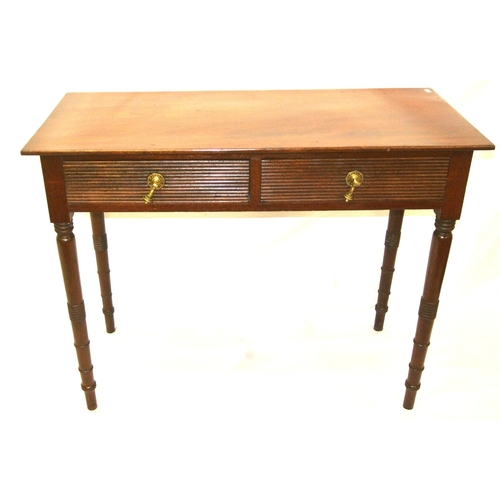 205 - Victorian mahogany hall or side table, with 2 reeded frieze drawers, tear drop brass handles, on tur... 