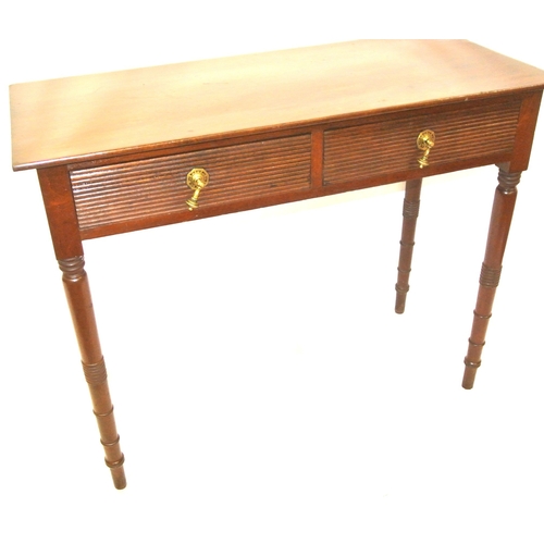 205 - Victorian mahogany hall or side table, with 2 reeded frieze drawers, tear drop brass handles, on tur... 