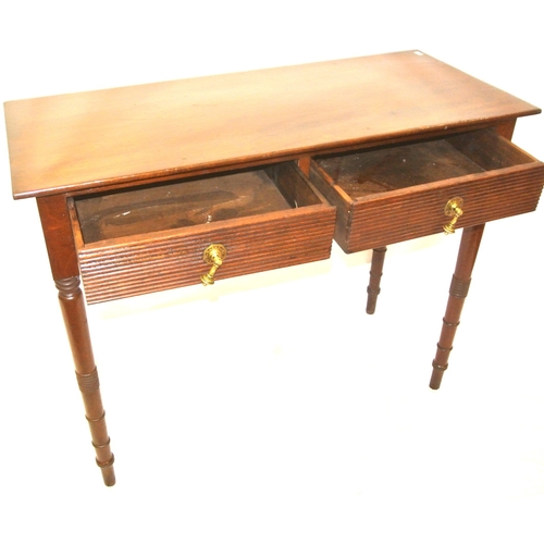 205 - Victorian mahogany hall or side table, with 2 reeded frieze drawers, tear drop brass handles, on tur... 