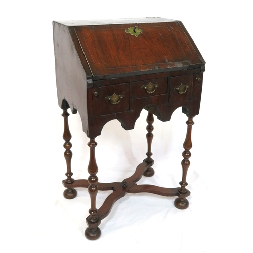 206 - William IV inlaid walnut bureau, with drop-down front, pull-out supports, fitted interior, 3 frieze ... 