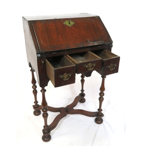 206 - William IV inlaid walnut bureau, with drop-down front, pull-out supports, fitted interior, 3 frieze ... 