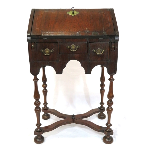 206 - William IV inlaid walnut bureau, with drop-down front, pull-out supports, fitted interior, 3 frieze ... 