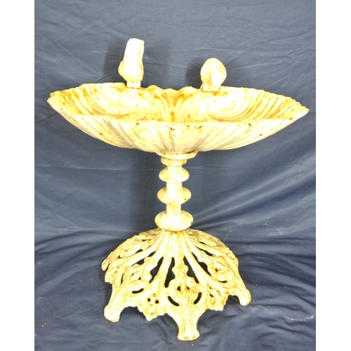 223 - Ornate cast iron shell shaped birdbath with bird mounts & pierced base