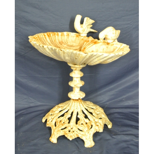 223 - Ornate cast iron shell shaped birdbath with bird mounts & pierced base