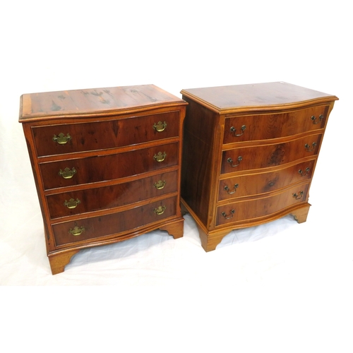 235 - Near pair of Edwardian style inlaid & crossbanded yew serpentine fronted chests of drawers with drop... 