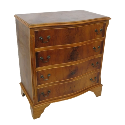 235 - Near pair of Edwardian style inlaid & crossbanded yew serpentine fronted chests of drawers with drop... 