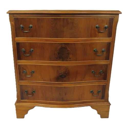 235 - Near pair of Edwardian style inlaid & crossbanded yew serpentine fronted chests of drawers with drop... 