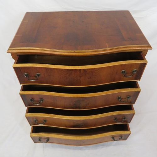 235 - Near pair of Edwardian style inlaid & crossbanded yew serpentine fronted chests of drawers with drop... 