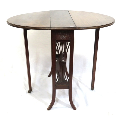 236 - Edwardian inlaid & crossbanded mahogany pembroke table with D-shaped dropped leaves, pull-out gatele... 