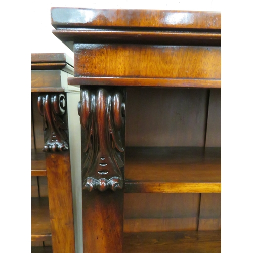 245 - Pair of Edwardian rosewood open bookshelves with scroll decoration, adjustable shelving, on oblong p... 