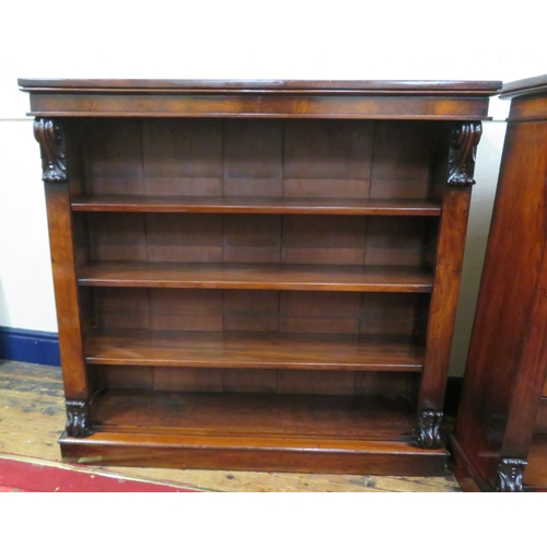 245 - Pair of Edwardian rosewood open bookshelves with scroll decoration, adjustable shelving, on oblong p... 