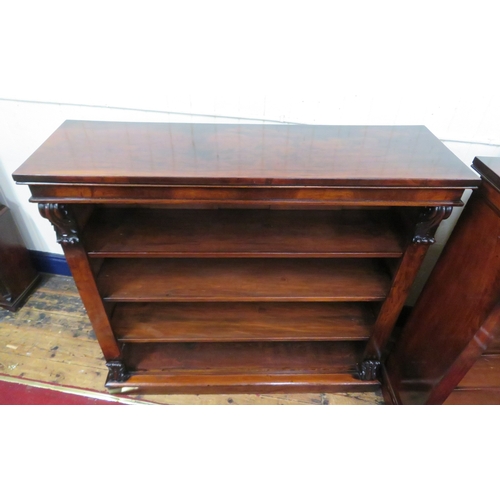 245 - Pair of Edwardian rosewood open bookshelves with scroll decoration, adjustable shelving, on oblong p... 