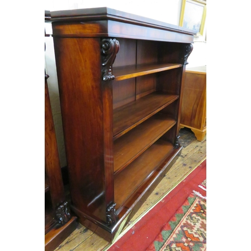 245 - Pair of Edwardian rosewood open bookshelves with scroll decoration, adjustable shelving, on oblong p... 